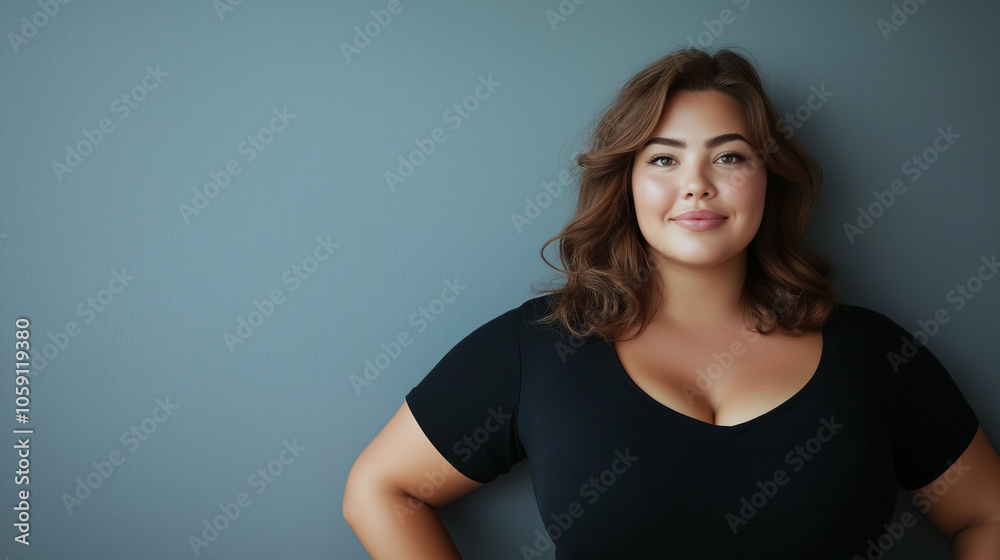 Confident plus-size woman in a black top smiling gently, standing against a neutral gray background, exuding self-assurance and positivity Confident plus-size woman in a black top smiling gently, standing against a neutral gray background, exuding self-assurance and positivity