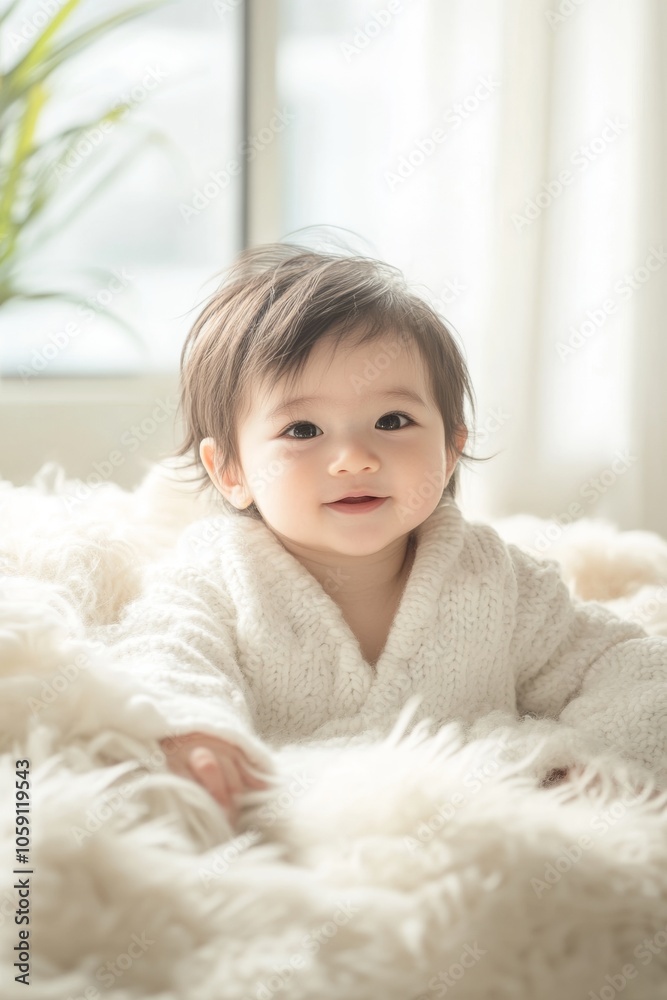 A cheerful toddler with light brown hair smiles while lounging on a soft, furry blanket in a bright living room filled with natural light A cheerful toddler with light brown hair smiles while lounging on a soft, furry blanket in a bright living room filled with natural light