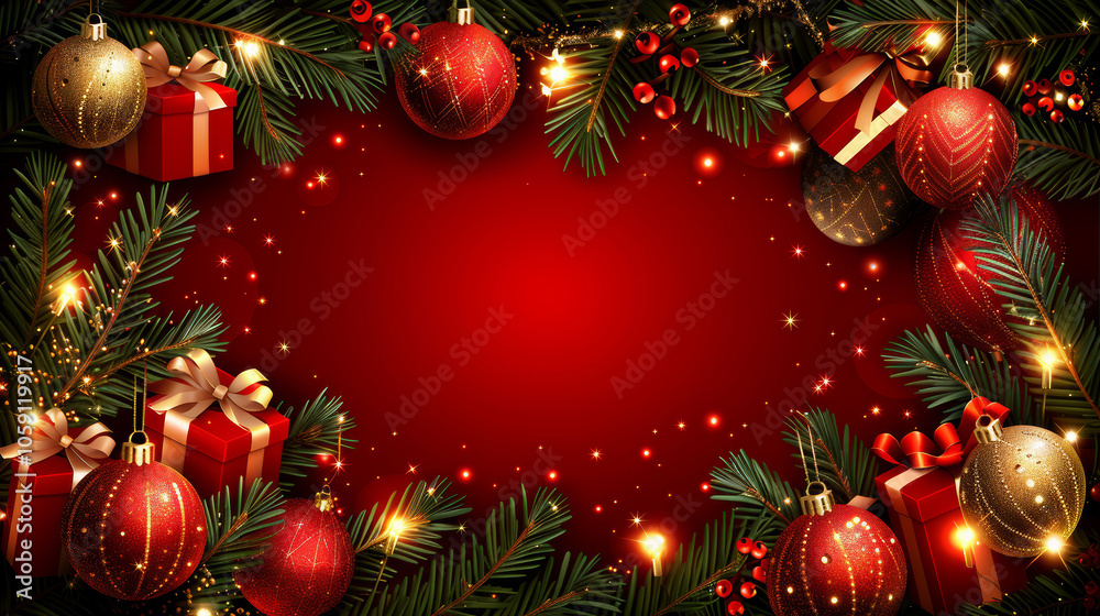 Bright New Year's composition with red balls, green fir branches and sparkling garlands on a red background, there is space for text inside the composition Bright New Year's composition with red balls, green fir branches and sparkling garlands on a red background, there is space for text inside the composition