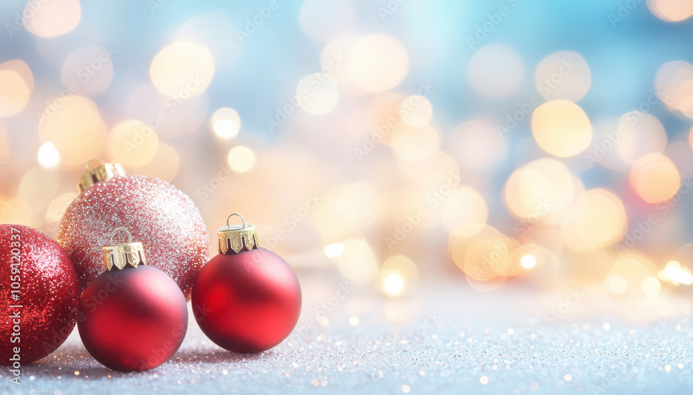 Bright and festive Christmas ornaments in red and pink, surrounded by soft bokeh lights, creating joyful holiday atmosphere Bright and festive Christmas ornaments in red and pink, surrounded by soft bokeh lights, creating joyful holiday atmosphere