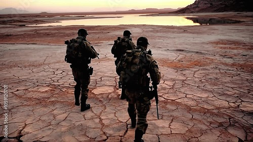 Soldiers move along the base of a large sand dune in slow motion as the sun sets behind them.
