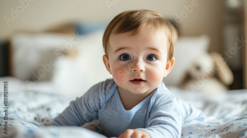 A baby crawls on a soft bed, looking with wide eyes, showcasing a sense of curiosity and wonder in a warm and inviting bedroom environment