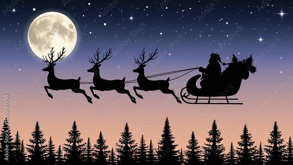 A Silhouette of Reindeer Flying with Santa Claus Against a Night Sky with Stars - Perfect for Holiday Season Graphics and Marketing A Silhouette of Reindeer Flying with Santa Claus Against a Night Sky with Stars - Perfect for Holiday Season Graphics and Marketing