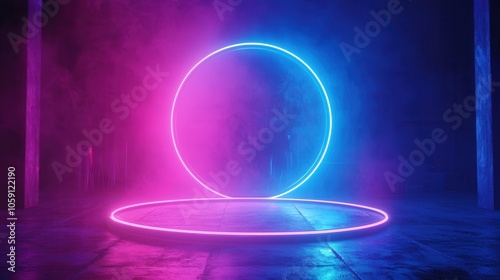 A vibrant fusion of purple and blue neon lights forms a glowing circular stage in a foggy atmosphere.