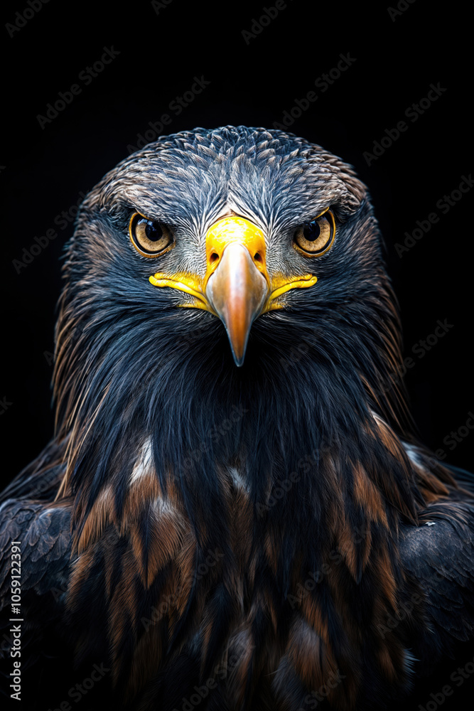 Golden eagle staring intensely on dark background Golden eagle staring intensely on dark background