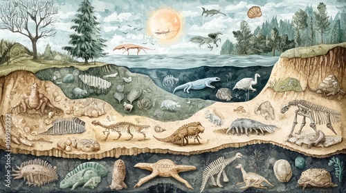 A creative illustration depicting the process of fossilization, showing how organisms become preserved over time, complete with visual stages and examples of different types of fossils.
