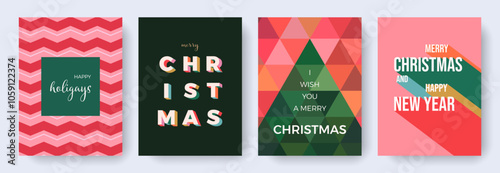 Modern geometric design of Merry Christmas and Happy New Year cards set. Abstract concept templates for winter celebration. Trendy vector backgrounds for print, poster, banner, ads, cover, invitation