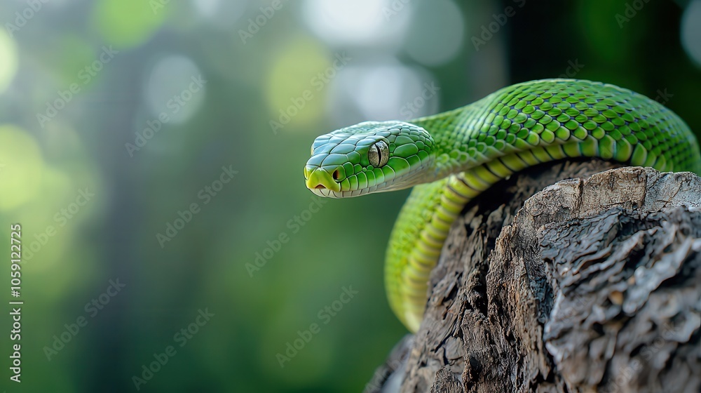 Fototapeta premium A vibrant green tree snake perched on a textured log, blending with the lush background of a forest.