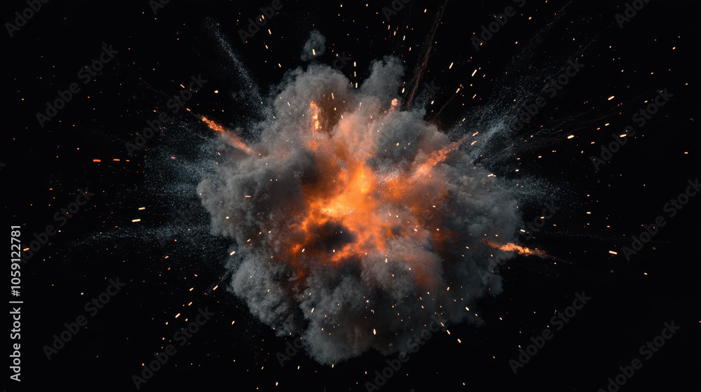 Naklejka premium Realistic explosion with fire and smoke on black background
