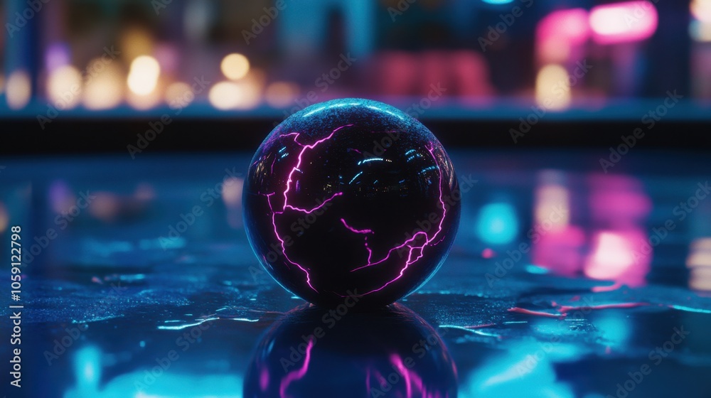 Globe with Neon Light Reflection on Wet Surface Globe with Neon Light Reflection on Wet Surface