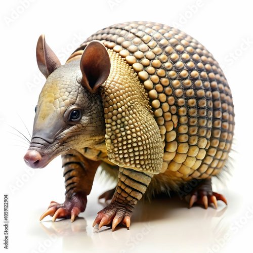 Nine-banded armadillo isolated on clean white background