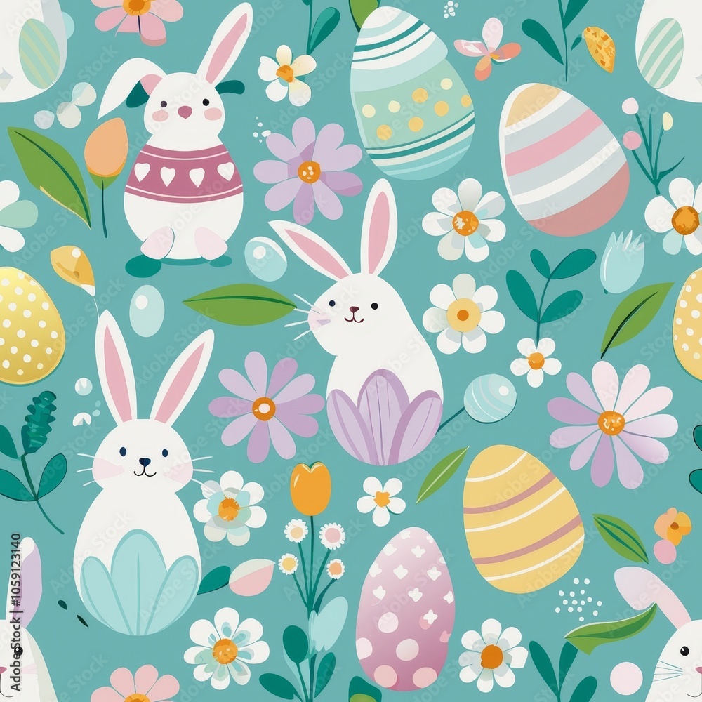 Colorful easter bunnies and eggs seamless pattern with spring flowers