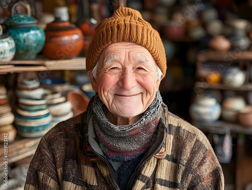 Elderly Merchant Smiling Warmly Among Handmade Pottery and Ceramics in Artisan Shop