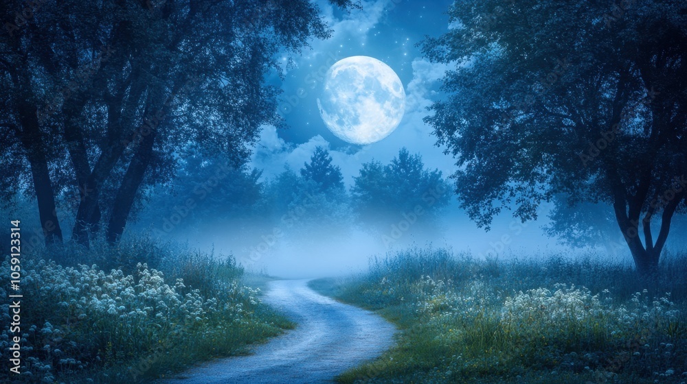 Serene Moonlit Pathway in a Misty Landscape Serene Moonlit Pathway in a Misty Landscape