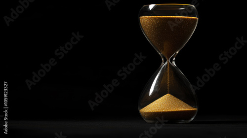 Hourglass with golden sand falling on black background symbolizing passing time