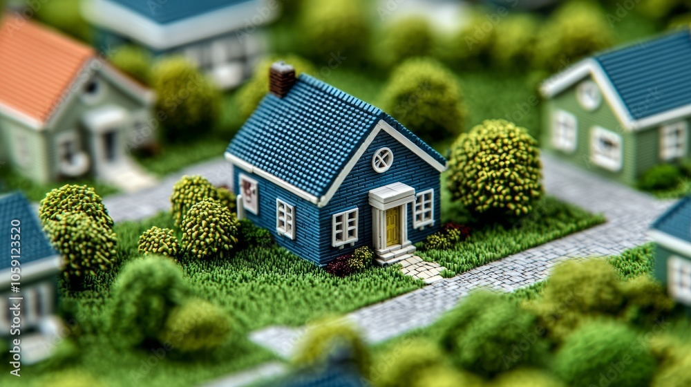 A blue miniature house with a yellow door stands on a green grassy lawn, surrounded by other houses and trees in a model neighborhood. A blue miniature house with a yellow door stands on a green grassy lawn, surrounded by other houses and trees in a model neighborhood.