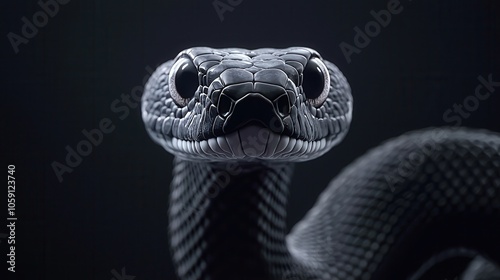 Close-up of a striking black snake, showcasing detailed scales and a captivating gaze. photo