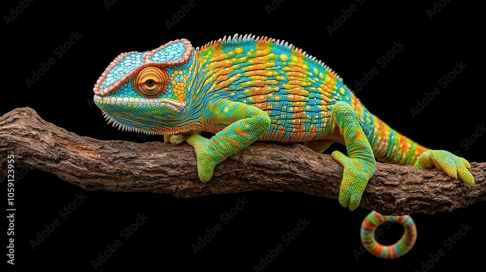 Fototapeta premium A vibrant, multi-colored chameleon perched on a branch, showcasing its stunning patterns and textures against a black background.