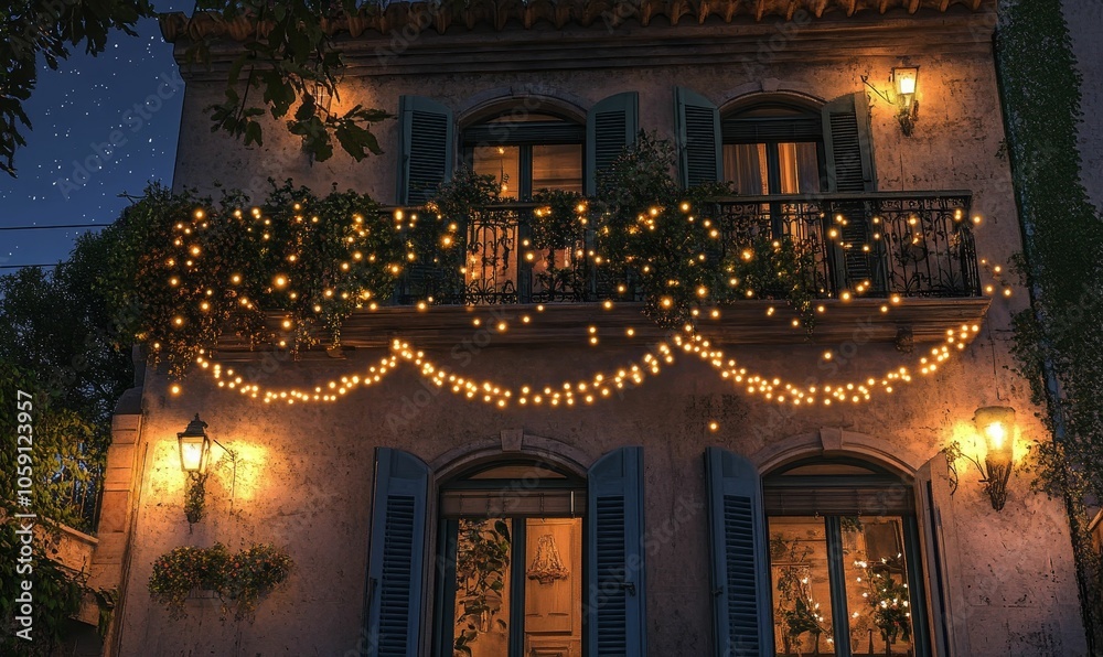 Obraz premium Old building facade lit with string lights.