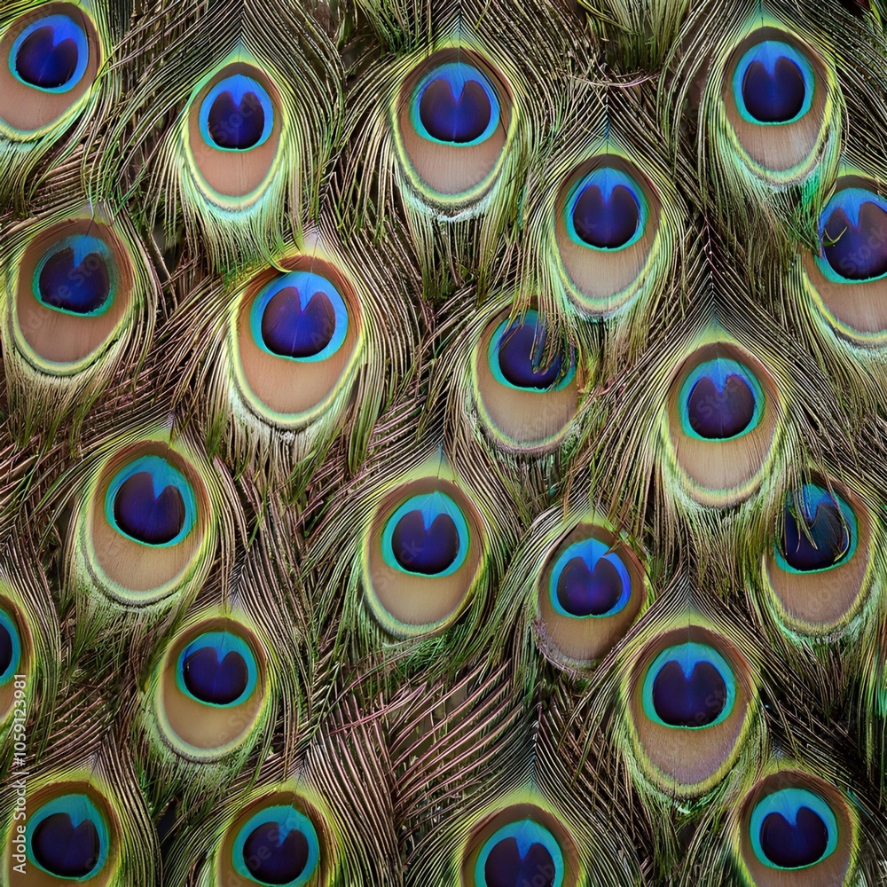 Fototapeta premium Peacock feather pattern with iridescent blue and green colors