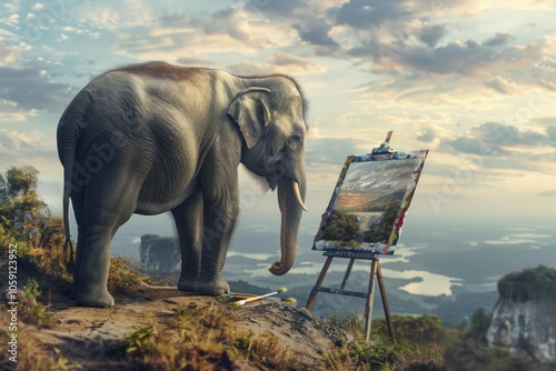 An elephant stands on a mountain next to an easel with a painting photo