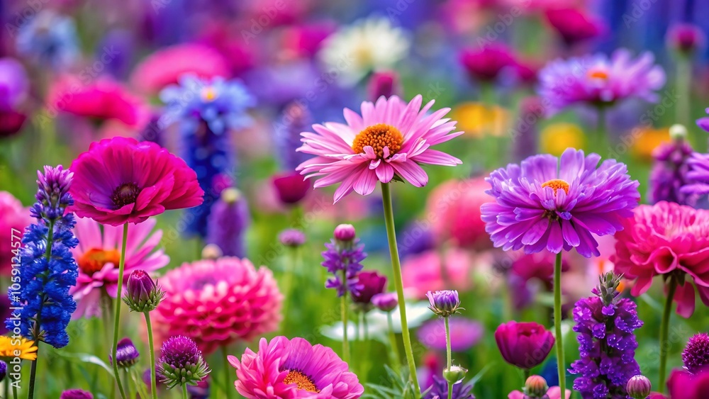 Obraz premium A Close-Up Photo of a Field with Different Gorgeous Flowers Showcasing Nature's Beauty Perfect for Website Backgrounds, Floral Catalogs, or Nature Blogs