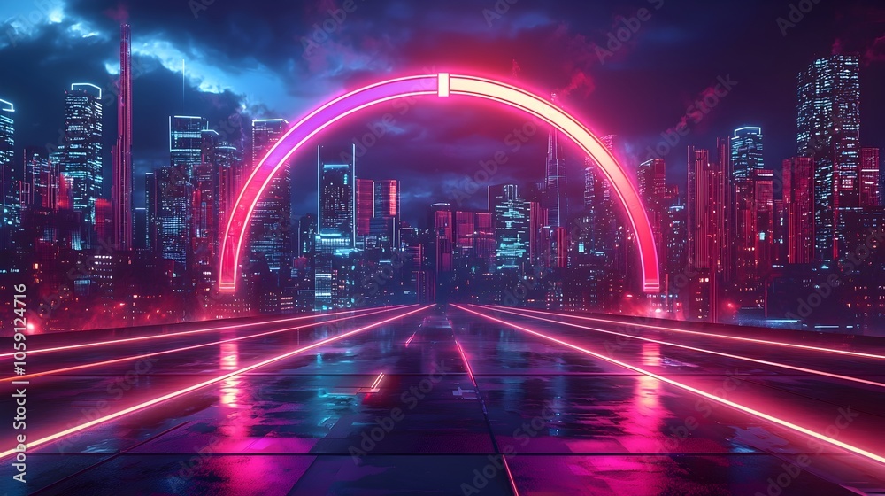 Fototapeta premium Futuristic Progress Bar Glowing Across Neon Lit City Skyline Symbolizing Technological Advancement and Innovation