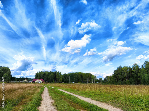 A winding dirt path leads through a vibrant green field under a dramatic blue sky with scattered clouds during midday photo