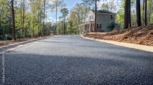 New asphalt road leading to suburban house in wooded area