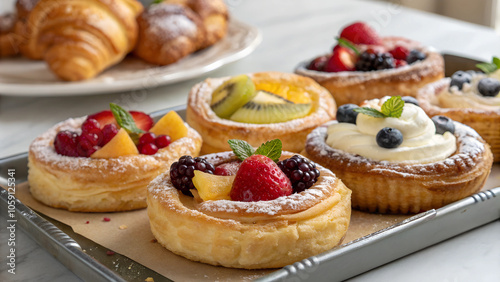 An assortment of delicious danish pastries on a decorative platter ready to be enjoyed during a lovely afternoon gathering. Generative AI