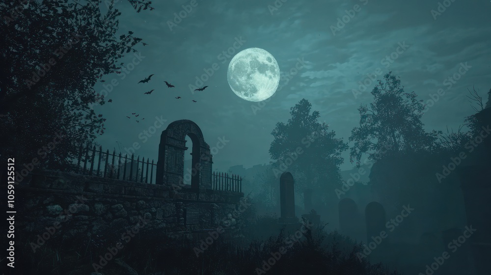 A full moon shining over a graveyard, with bats flying and fog rolling in, creating a chilling atmosphere A full moon shining over a graveyard, with bats flying and fog rolling in, creating a chilling atmosphere