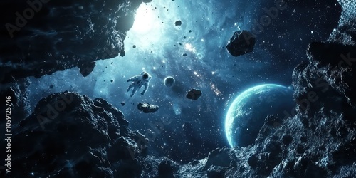 A futuristic scene of astronauts floating in space, conducting research near a distant planet, surrounded by a backdrop of cosmic phenomena like supernovae and black holes. photo