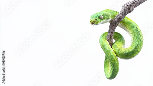 A vibrant green snake elegantly coiled around a branch against a minimalistic white background. photo