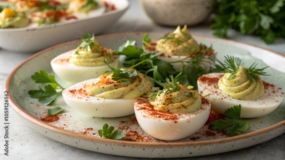 Delicious deviled eggs plated with fresh herbs and a sprinkle of paprika for an appetizing presentation at a summer gathering. Generative AI