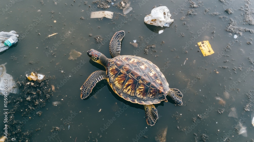 Turtle Gliding Cautiously in Polluted Water Turtle Gliding Cautiously in Polluted Water