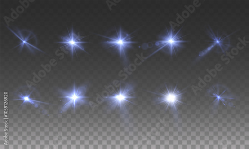 Light blue star. Light sunny sparkle. Blue light flash green. Vector illustrator. lighting effects. Beam a spotlight and a star with bokeh and dust. Glowing abstract isolated lenses light effects.