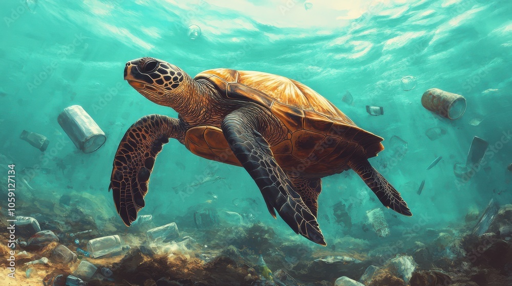 Obraz premium Turtle in Polluted Sea Surrounded by Plastic Waste