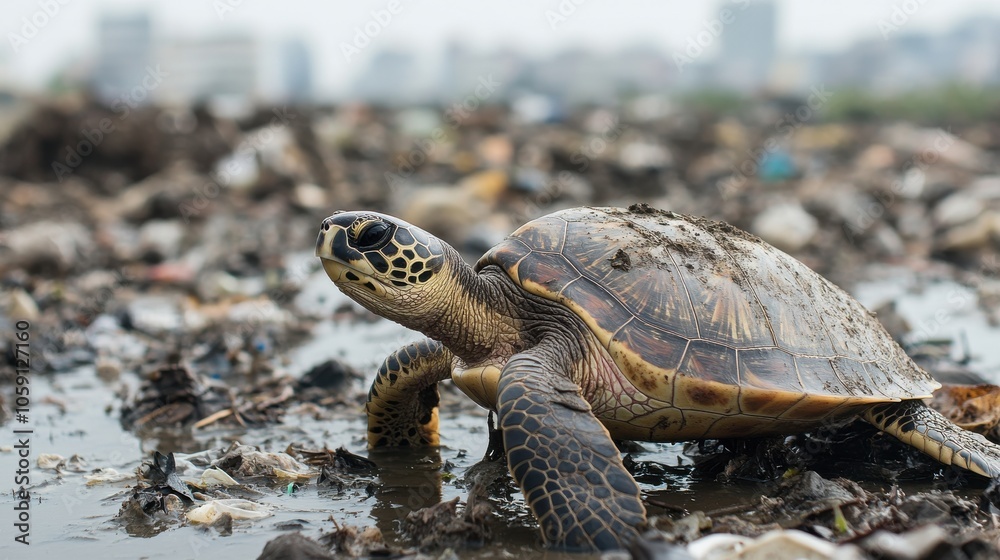 Fototapeta premium Turtle Navigating Through Plastic Waste in Environment