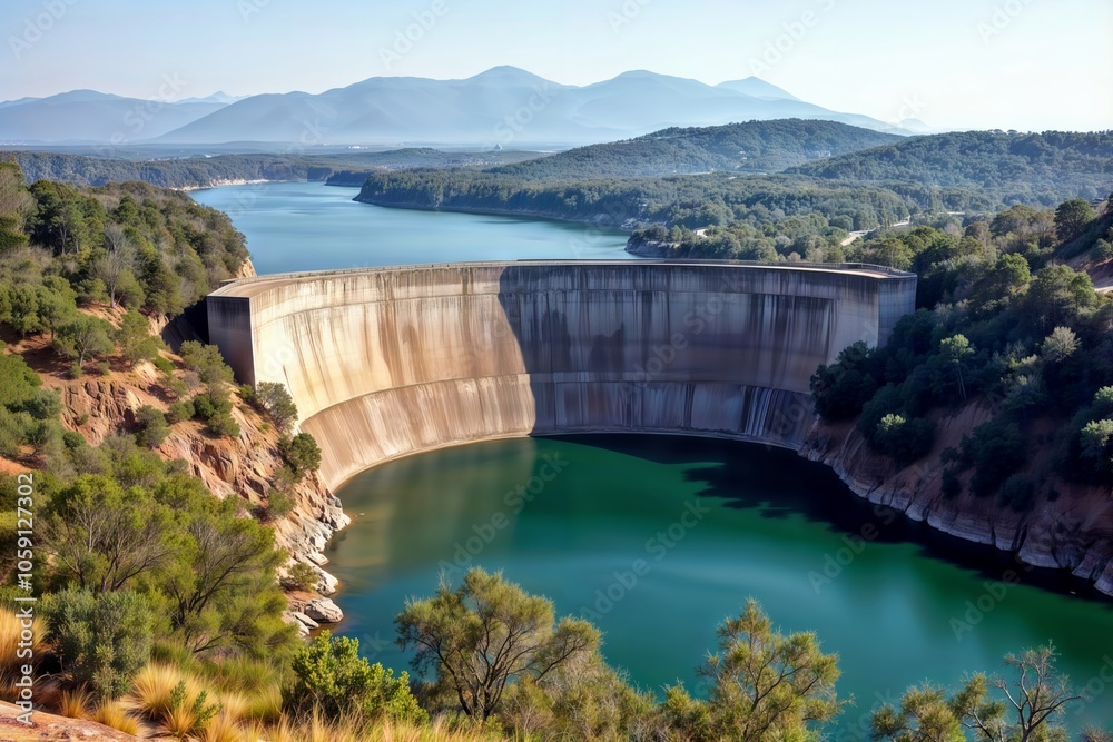 Curved dam vista. Scenic view of curved concrete dam holding emerald green reservoir waters against mountainous backdrop with natural vegetation. Curved dam vista. Scenic view of curved concrete dam holding emerald green reservoir waters against mountainous backdrop with natural vegetation.