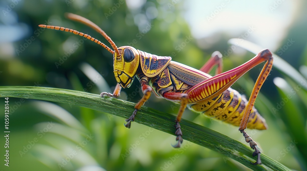 Fototapeta premium A colorful yellow and red grasshopper perched on a green blade of grass in a vibrant natural setting.