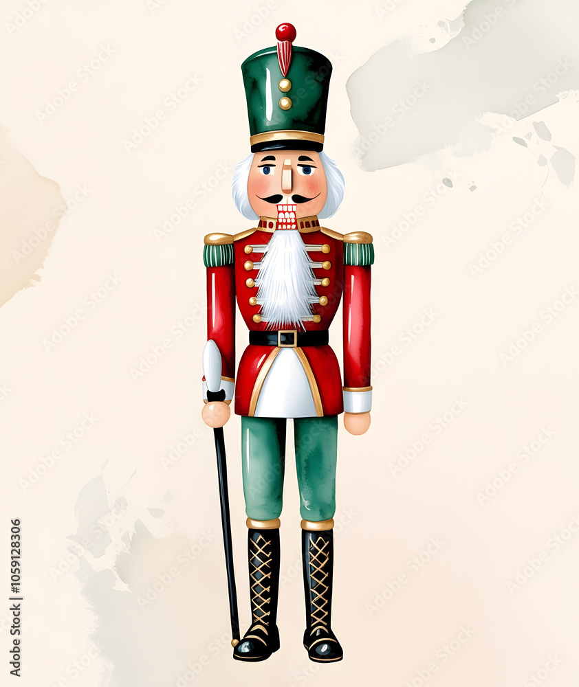 Obraz premium A colorful nutcracker soldier standing proudly against a soft pastel background in a holiday-themed display celebrating winter festivities