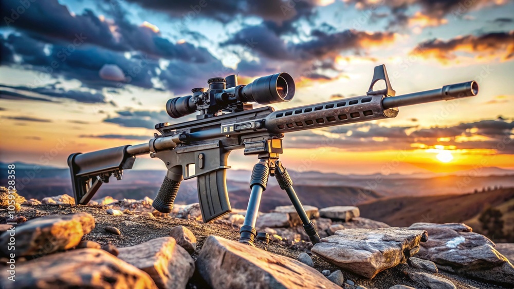 Obraz premium High-Resolution Close-Up of an Assault Rifle Showcasing Intricate Details for Military and Firearms Education