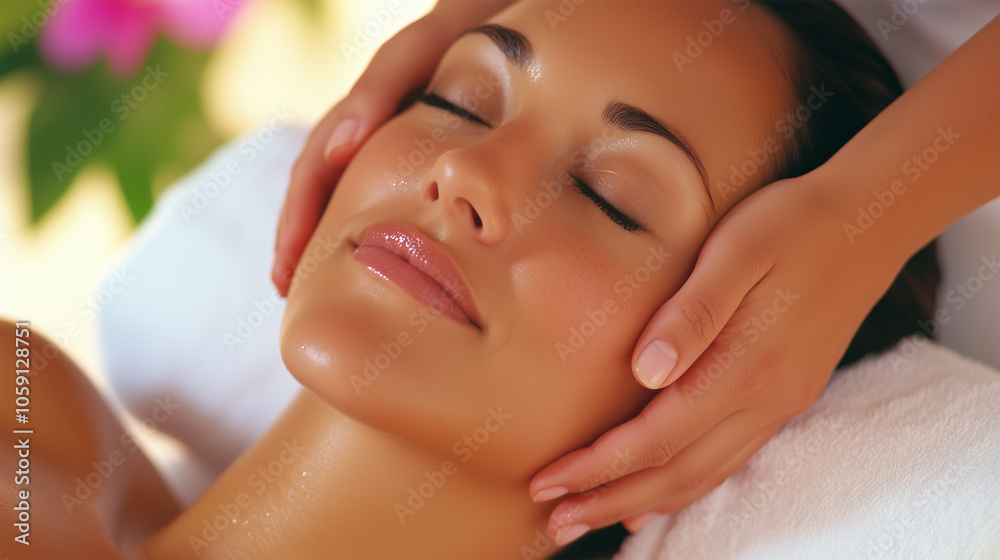 Close-Up Portrait of an Attractive, Relaxed Woman Receiving Face and Head Massage, Kobido Treatment at Spa Salon, Smart Aging and Skin Care, Self-Care, Beauty Ritual Concept. Close-Up Portrait of an Attractive, Relaxed Woman Receiving Face and Head Massage, Kobido Treatment at Spa Salon, Smart Aging and Skin Care, Self-Care, Beauty Ritual Concept.
