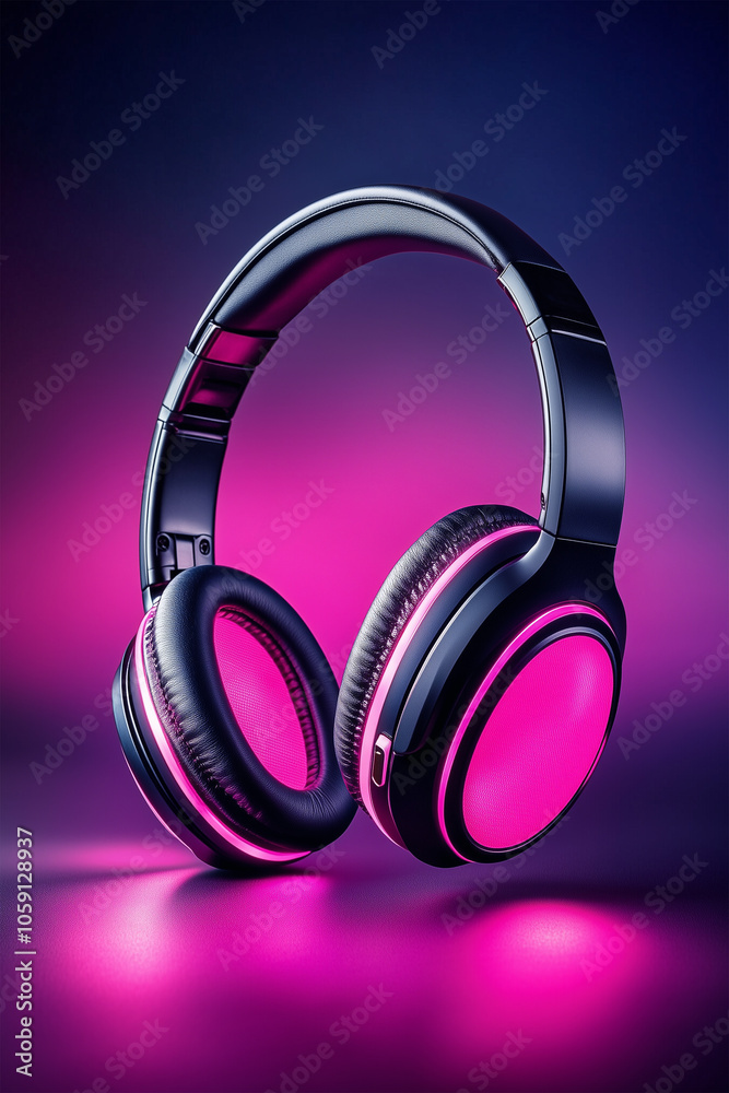 Vertical Poster of Black Headphones with Pink Glowing Light Effects, Music, Sound, Party and Technology Background. Vertical Poster of Black Headphones with Pink Glowing Light Effects, Music, Sound, Party and Technology Background.