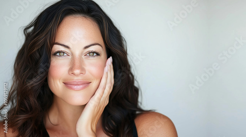 Smiling Mature Brunette, Nude Make Up Touching Her Cheek, Woman in Her 40s or 50s, Beauty and Confidence in Middle Age, Skincare, Lifestyle and Natural Cosmetics  Concept, Healthy Aging.