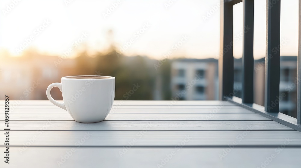 A white coffee cup sits on a wooden table with a city skyline and sunset in the background. A white coffee cup sits on a wooden table with a city skyline and sunset in the background.