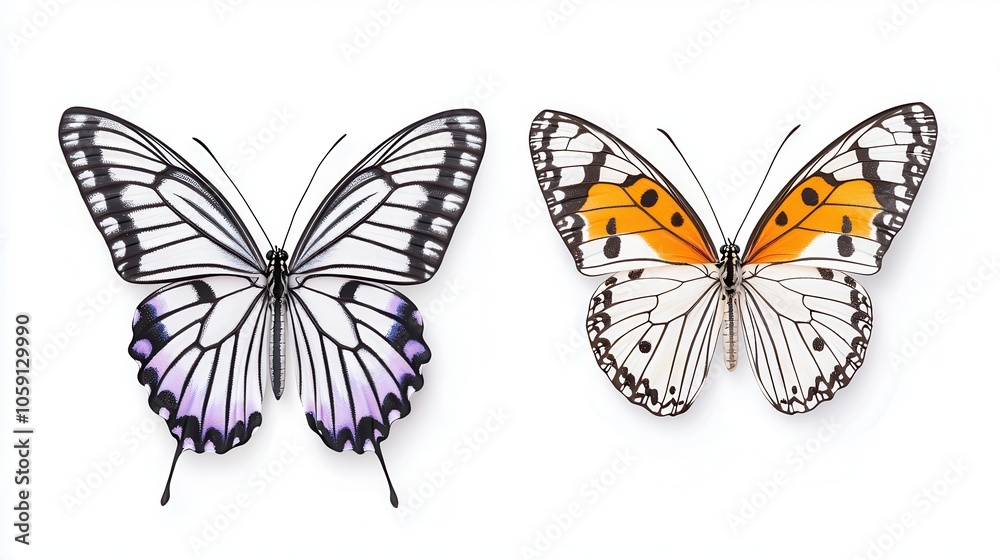 Two stunning butterflies displaying vibrant colors and intricate patterns against a white background. Two stunning butterflies displaying vibrant colors and intricate patterns against a white background.