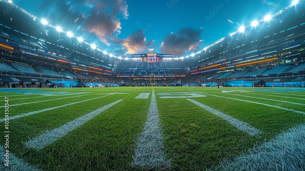 Empty football field, green grass, white lines, stadium seats, blue sky. AI generative. . Empty football field, green grass, white lines, stadium seats, blue sky. AI generative. .