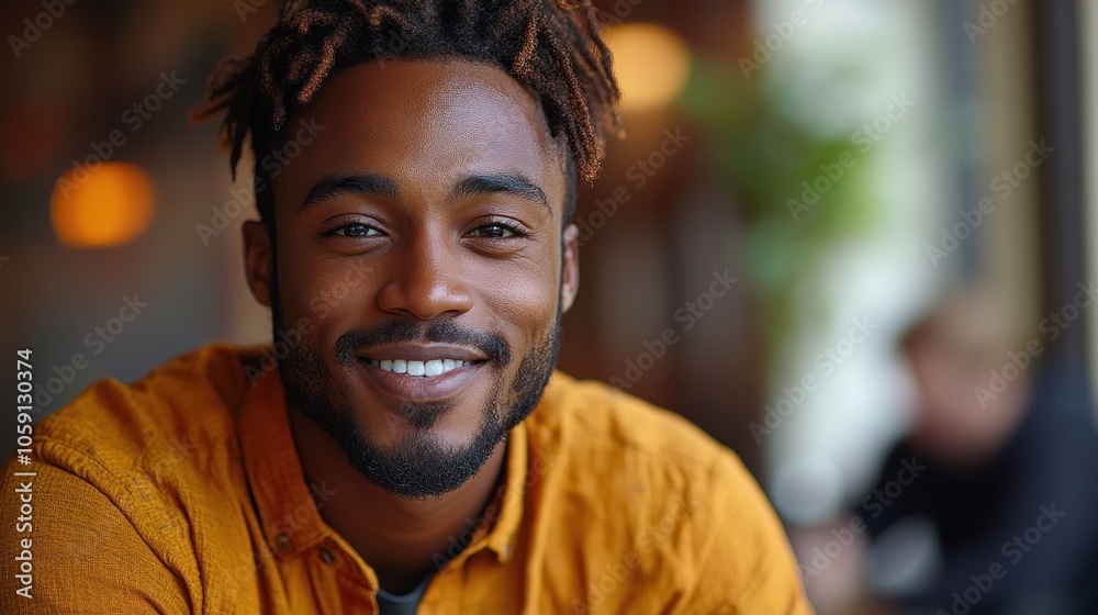 A young man with dreadlocks smiles at the camera while sitting in a cafe. A young man with dreadlocks smiles at the camera while sitting in a cafe.