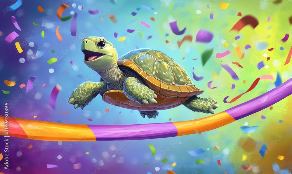 Fototapeta premium A happy turtle flies through confetti.